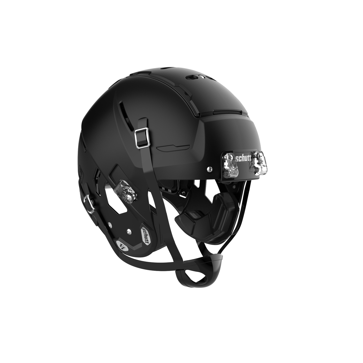 SCHUTT Youth F7 LX1 football helmet in matte black with black chinstrap, shown without facemask on a white background.