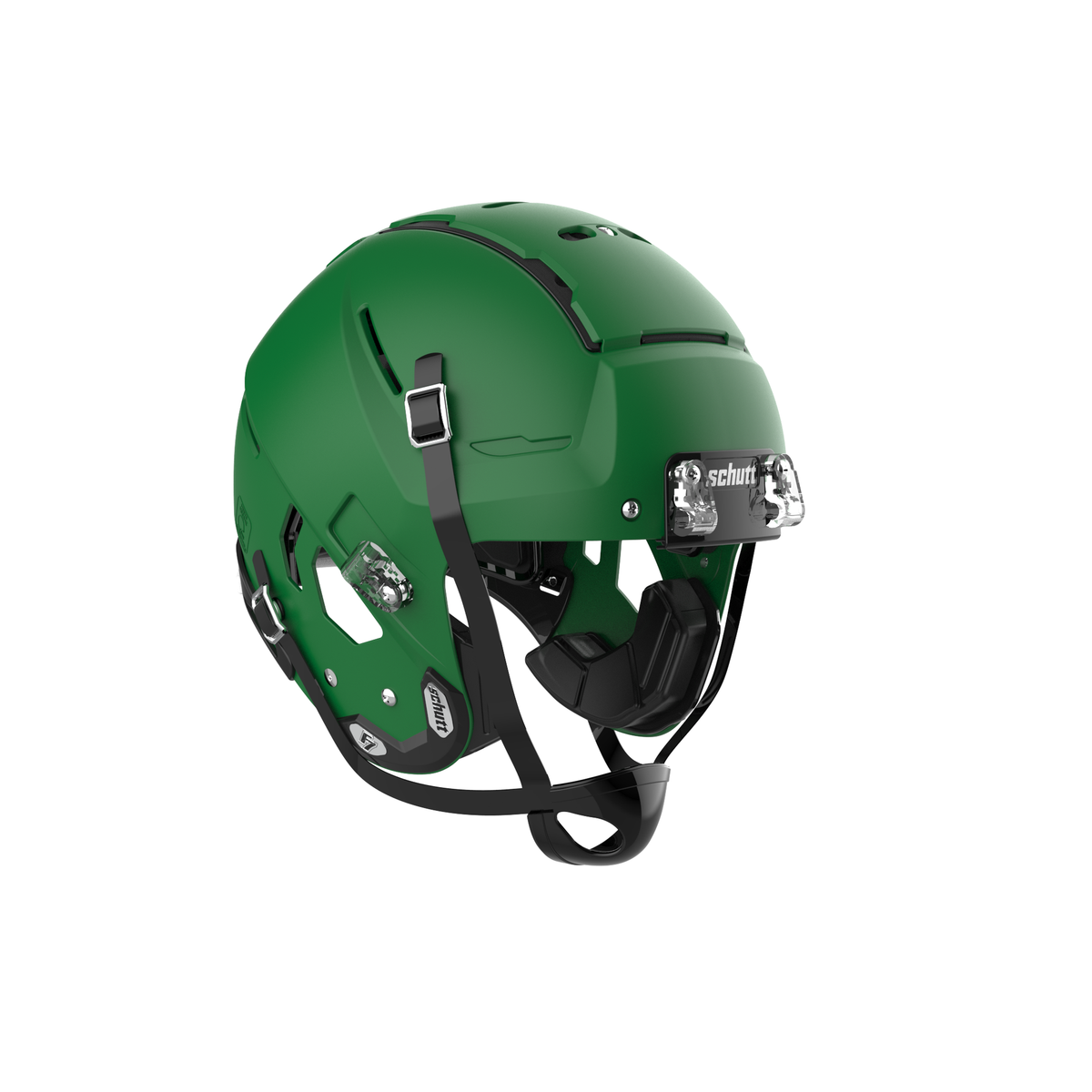 SCHUTT Youth F7 LX1 football helmet in matte kelly green with black chinstrap, shown without facemask on a white background.