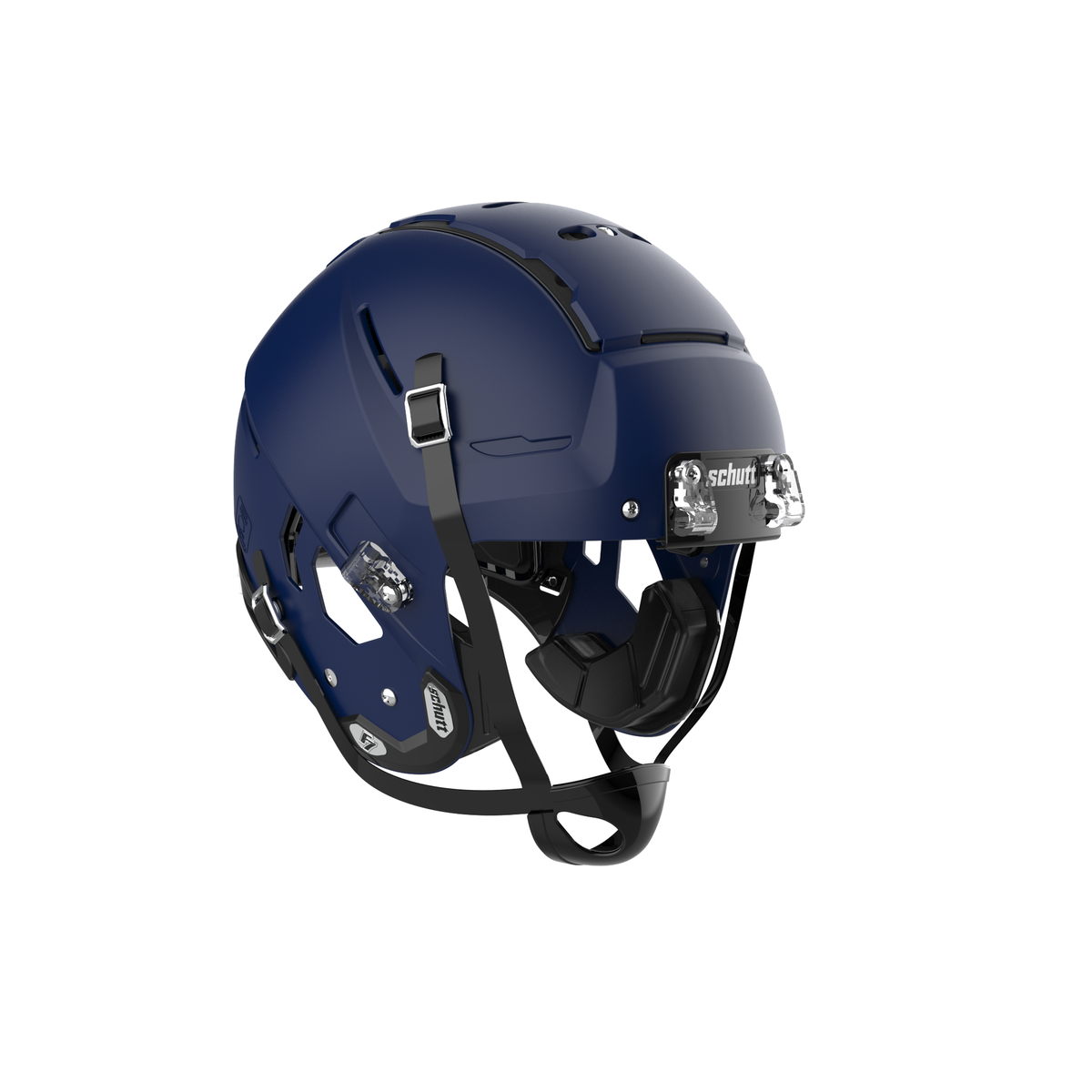 SCHUTT Youth F7 LX1 football helmet in matte navy with black chinstrap, shown without facemask on a white background.