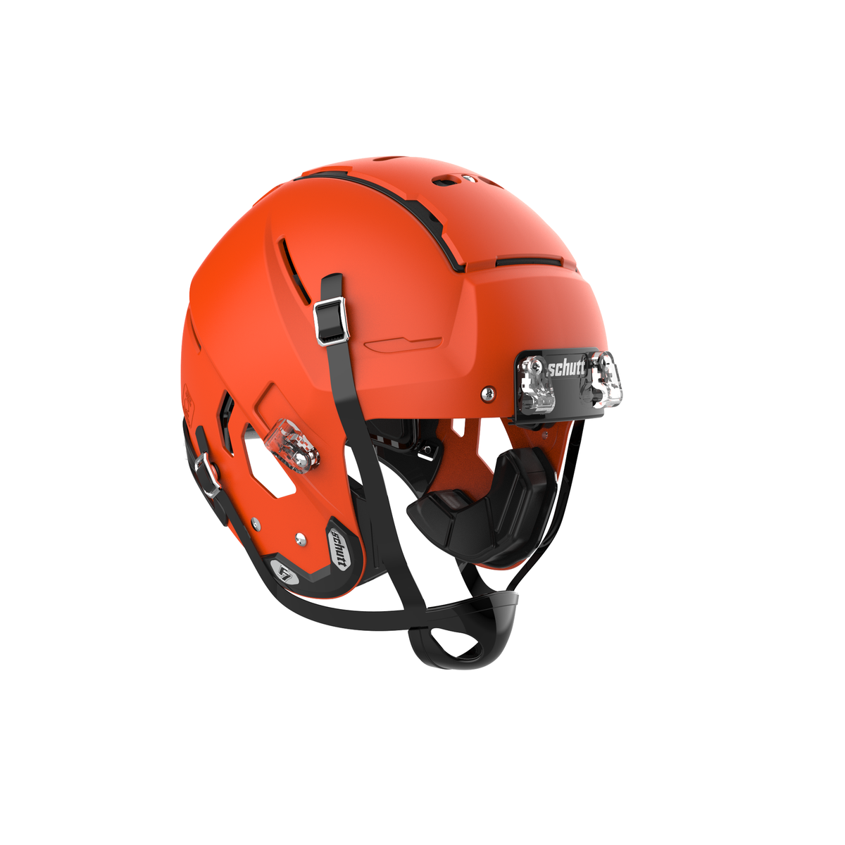 SCHUTT Youth F7 LX1 football helmet in matte orange with black chinstrap, shown without facemask on a white background.