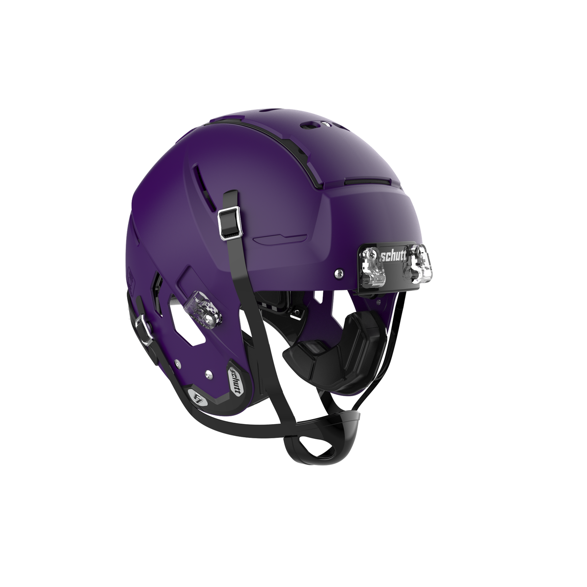 SCHUTT Youth F7 LX1 football helmet in matte purple with black chinstrap, shown without facemask on a white background.