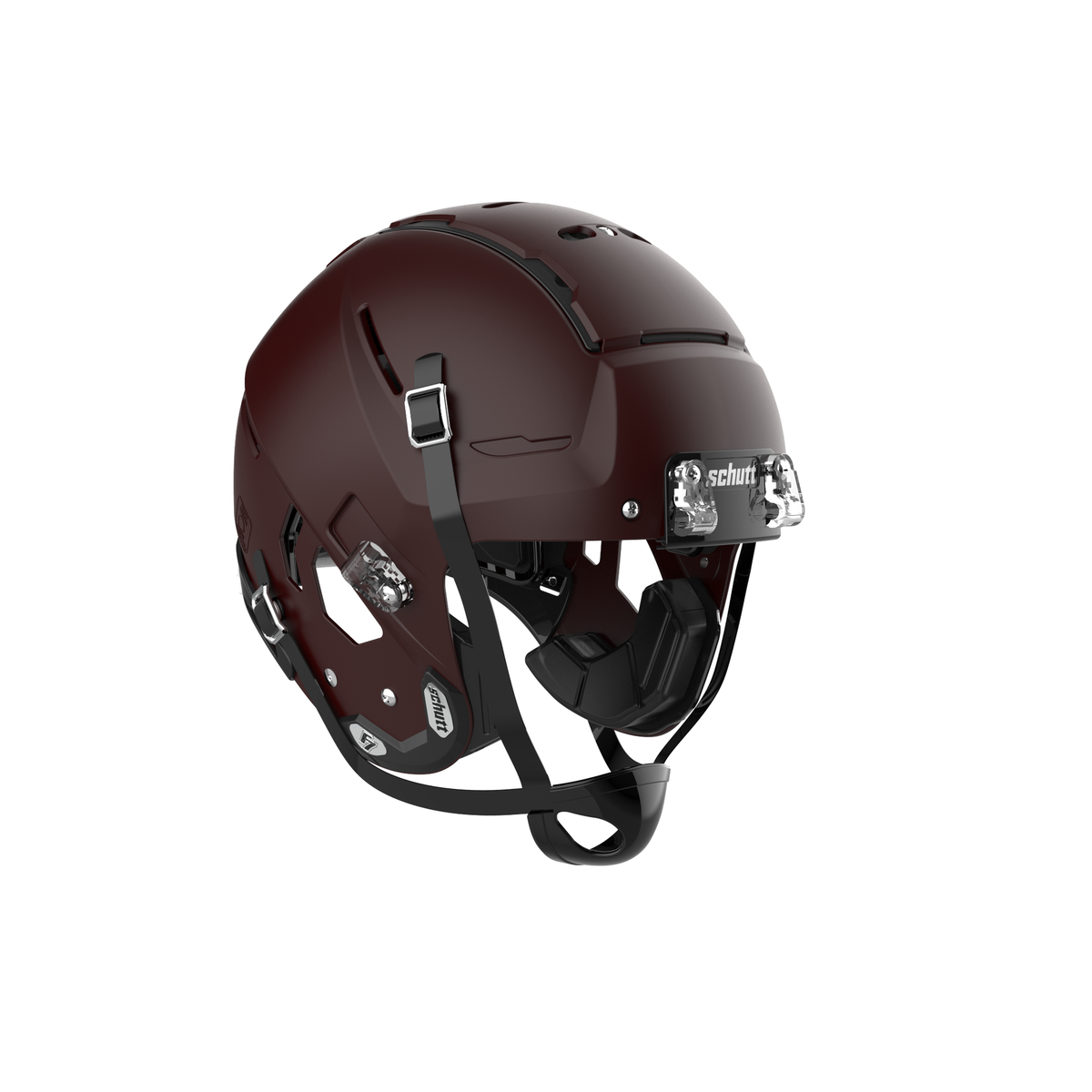 SCHUTT Youth F7 LX1 football helmet in matte maroon with black chinstrap, shown without facemask on a white background.