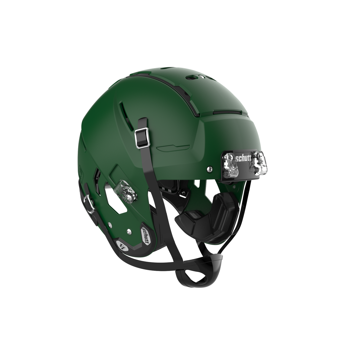 SCHUTT Youth F7 LX1 football helmet in matte dark green with black chinstrap, shown without facemask on a white background.