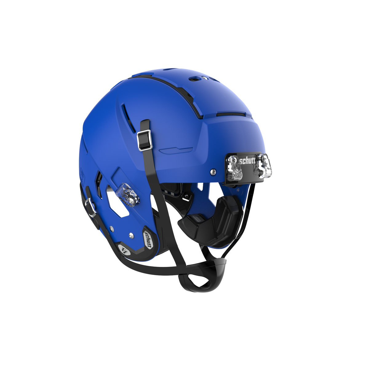 SCHUTT Youth F7 LX1 football helmet in matte true royal blue with black chinstrap, shown without facemask on a white background.