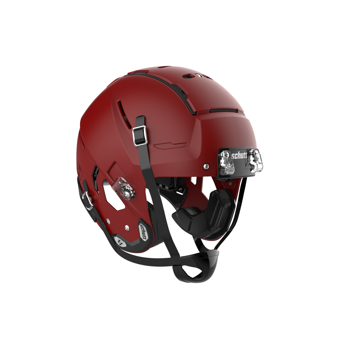 SCHUTT Youth F7 LX1 football helmet in matte cardinal with black chinstrap, shown without facemask on a white background.