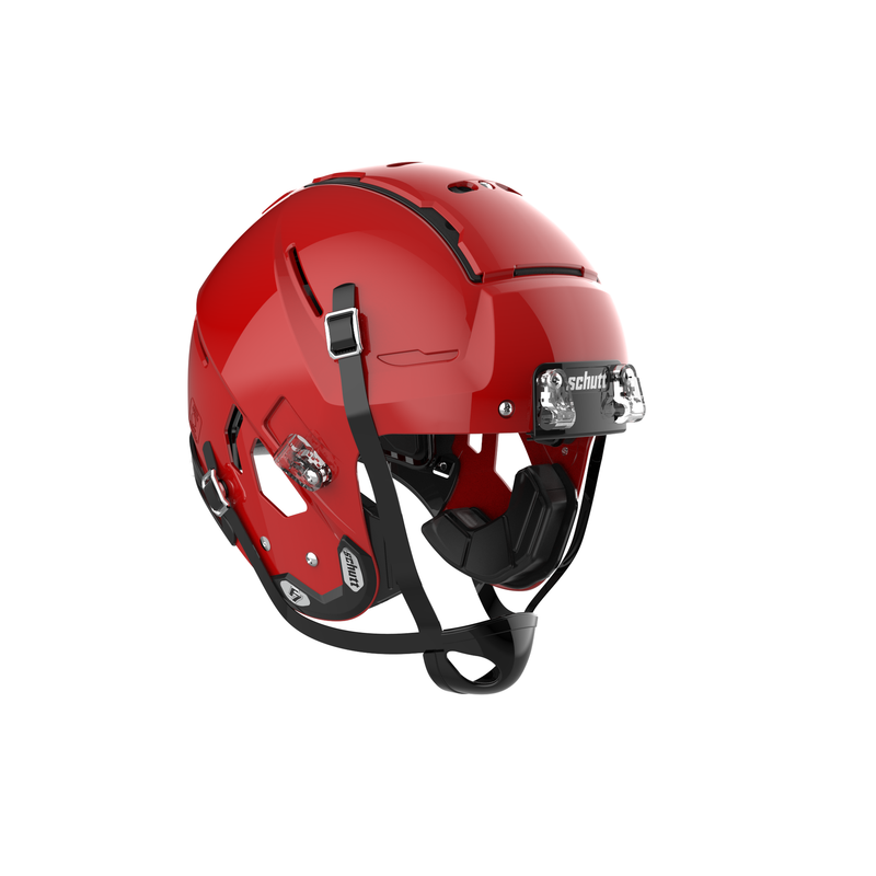 SCHUTT Youth F7 LX1 football helmet in gloss red with black chinstrap, shown without facemask on a white background.