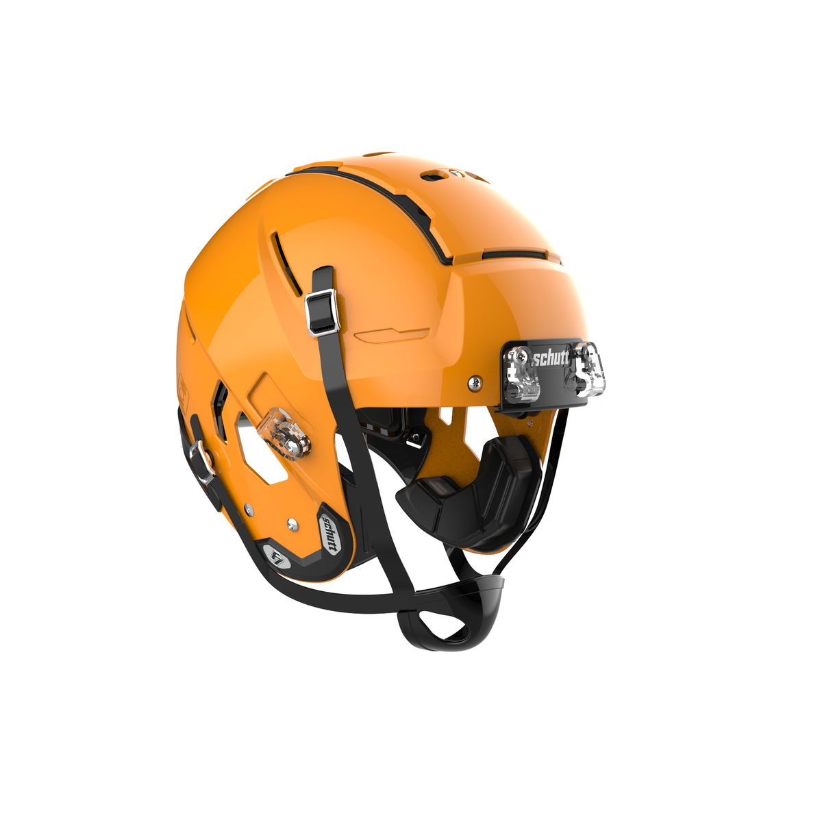 SCHUTT Youth F7 LX1 football helmet in gloss gold with black chinstrap, shown without facemask on a white background.