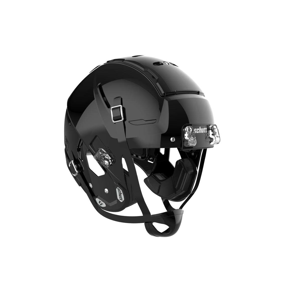 SCHUTT Youth F7 LX1 football helmet in gloss black with black chinstrap, shown without facemask on a white background.