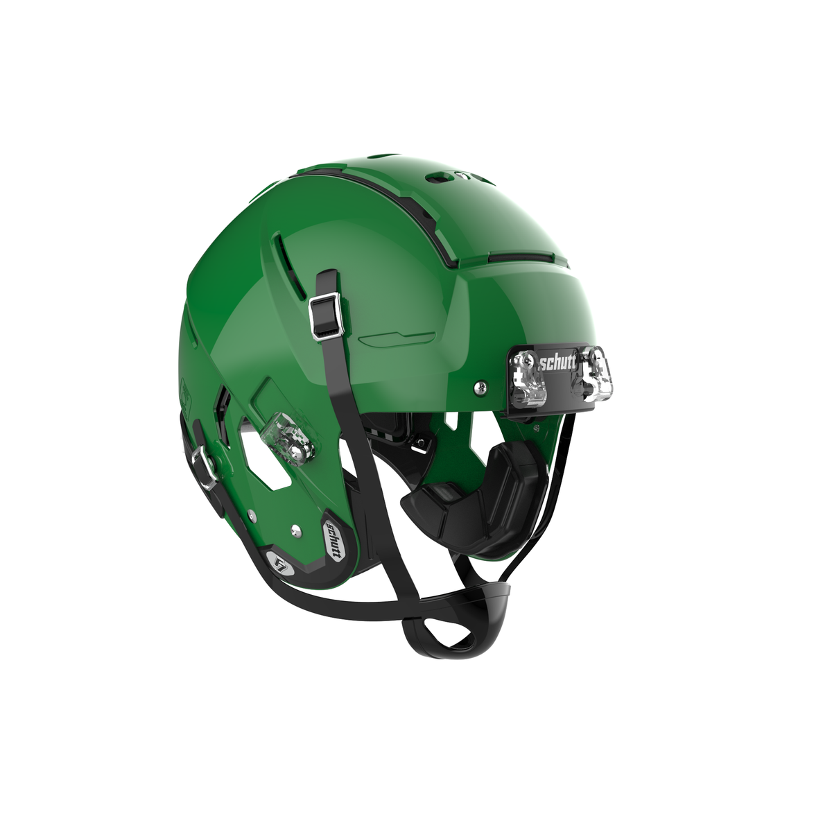 SCHUTT Youth F7 LX1 football helmet in gloss green with black chinstrap, shown without facemask on a white background.