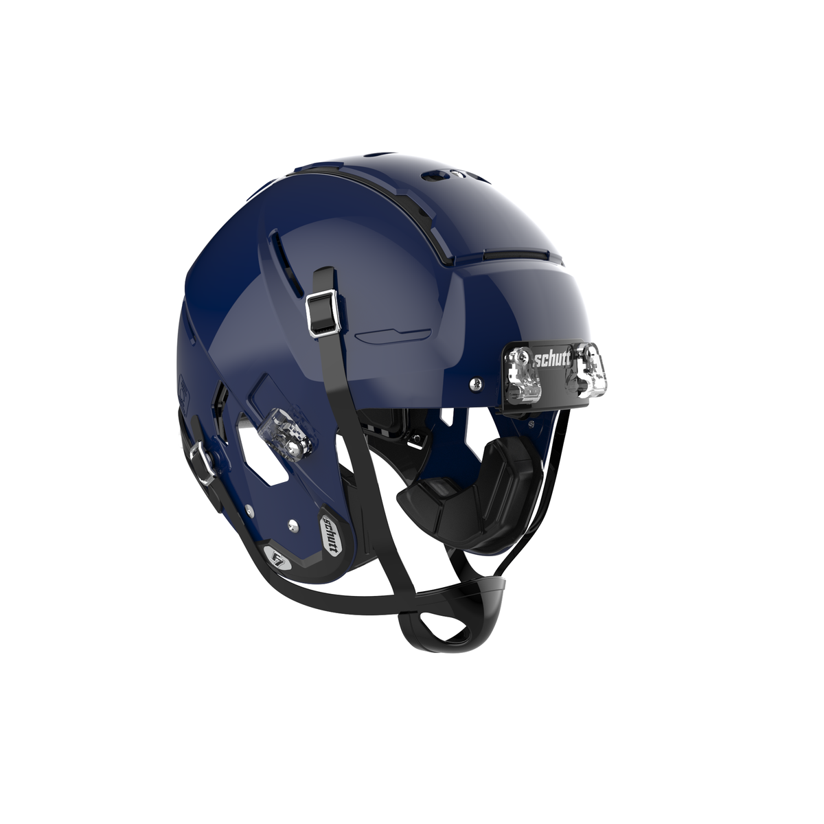 SCHUTT Youth F7 LX1 football helmet in gloss navy with black chinstrap, shown without facemask on a white background.