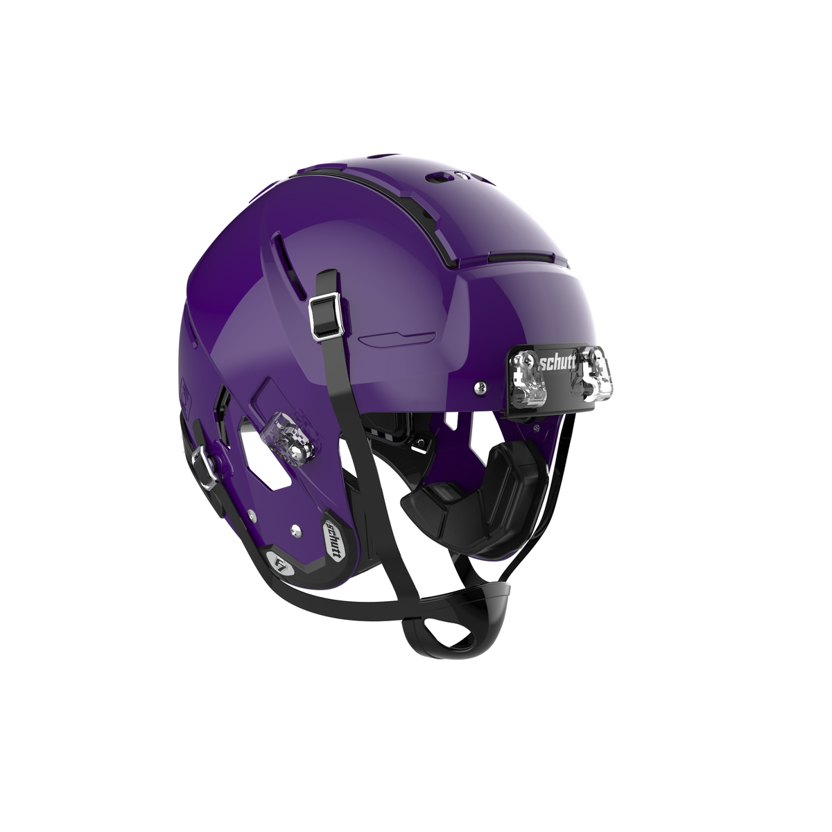 SCHUTT Youth F7 LX1 football helmet in gloss purple with black chinstrap, shown without facemask on a white background.