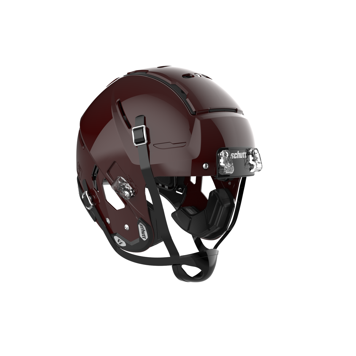SCHUTT Youth F7 LX1 football helmet in gloss maroon with black chinstrap, shown without facemask on a white background.