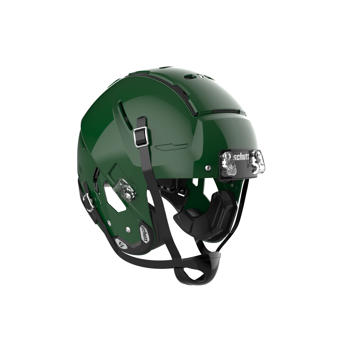 SCHUTT Youth F7 LX1 football helmet in gloss green with black chinstrap, shown without facemask on a white background.