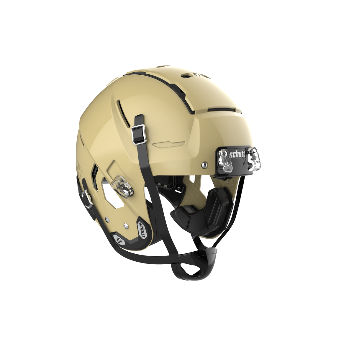 SCHUTT Youth F7 LX1 football helmet in gloss gold with black chinstrap, shown without facemask on a white background.