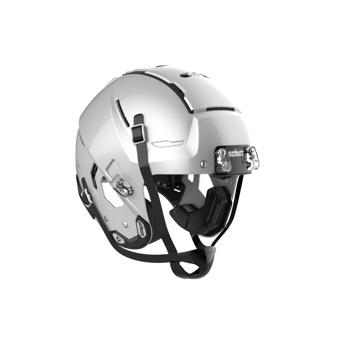 SCHUTT Youth F7 LX1 football helmet in gloss silver with black chinstrap, shown without facemask on a white background.
