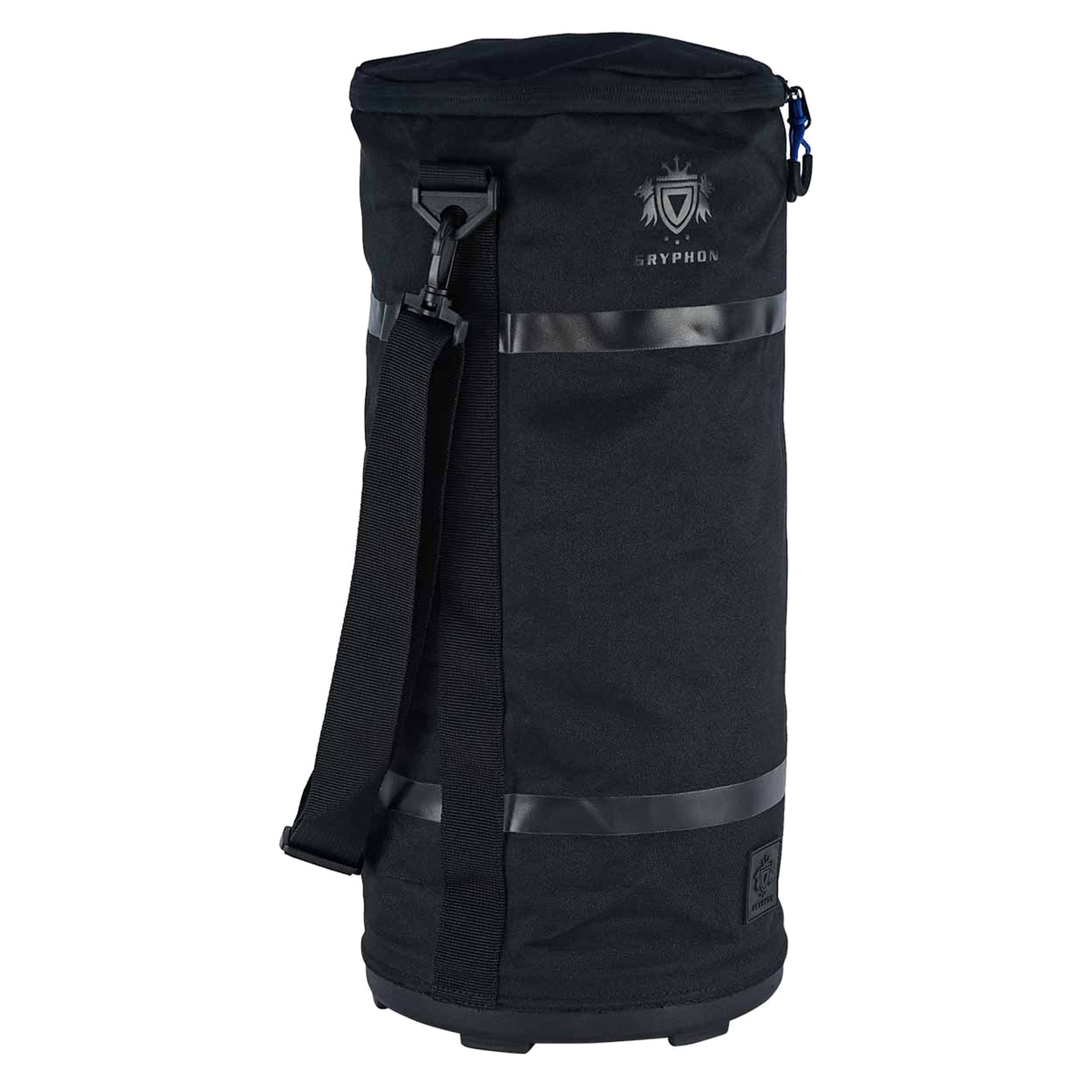 Gryphon Billie ball bag in black featuring a cylindrical design with durable fabric, zip closure, and adjustable shoulder strap for easy transport of sports balls.