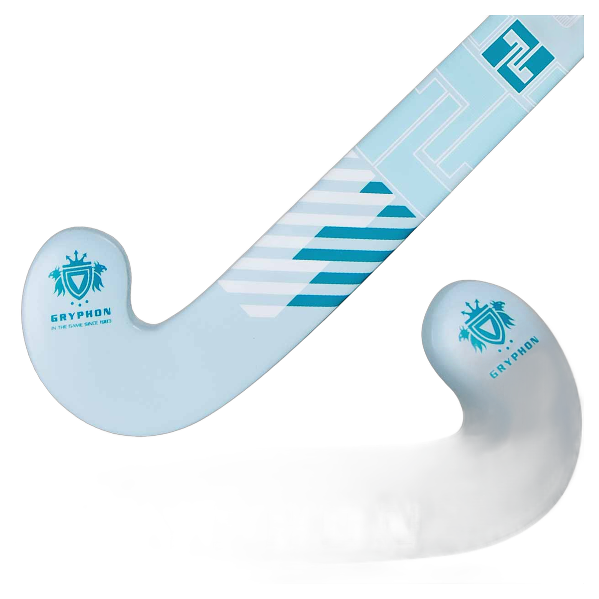 Gryphon Speed wood field hockey stick in light blue with teal accents, featuring a smooth wooden construction and curved head designed for control and durability on the field.