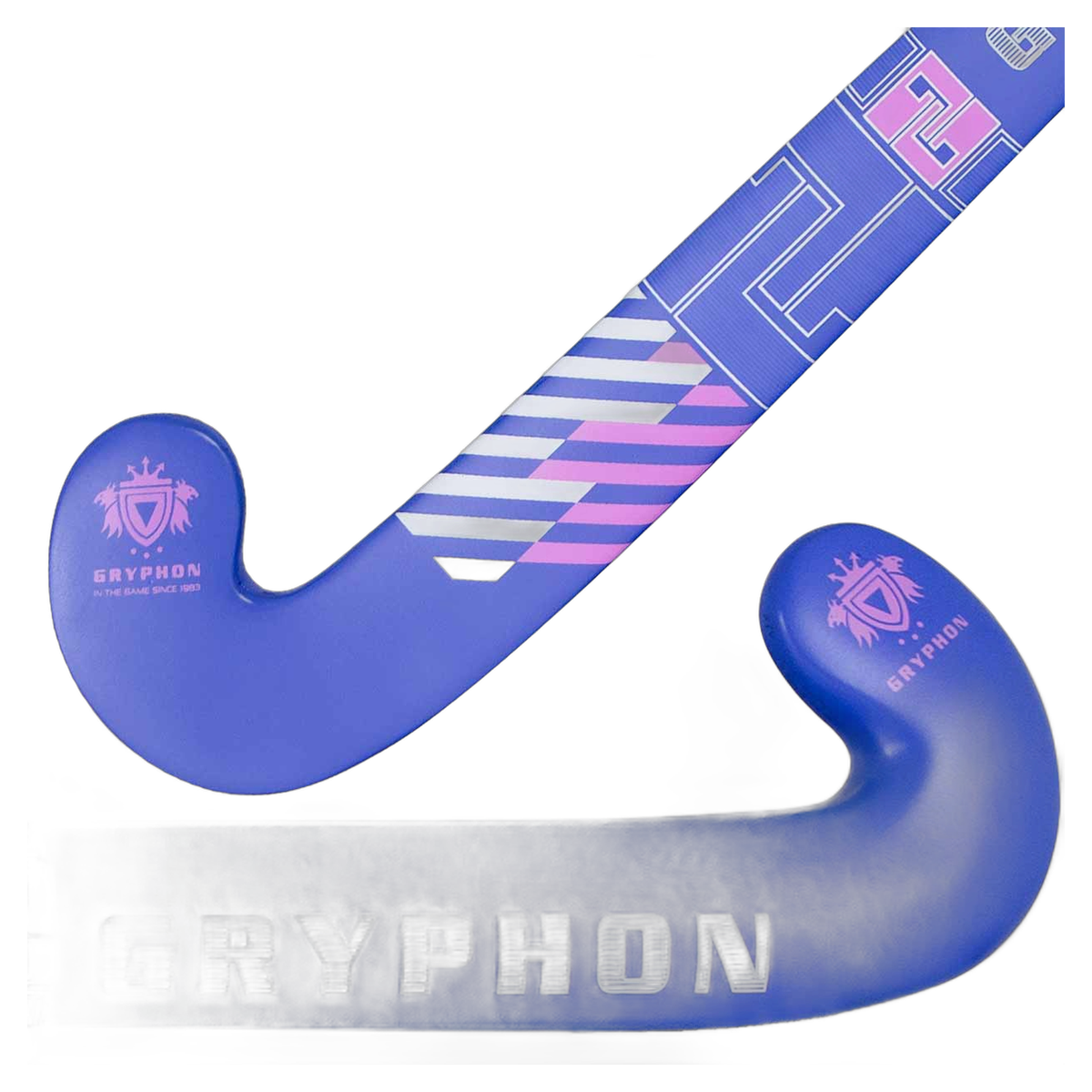 Gryphon Speed wood field hockey stick in light blue with teal accents, featuring a smooth wooden construction and curved head designed for control and durability on the field.