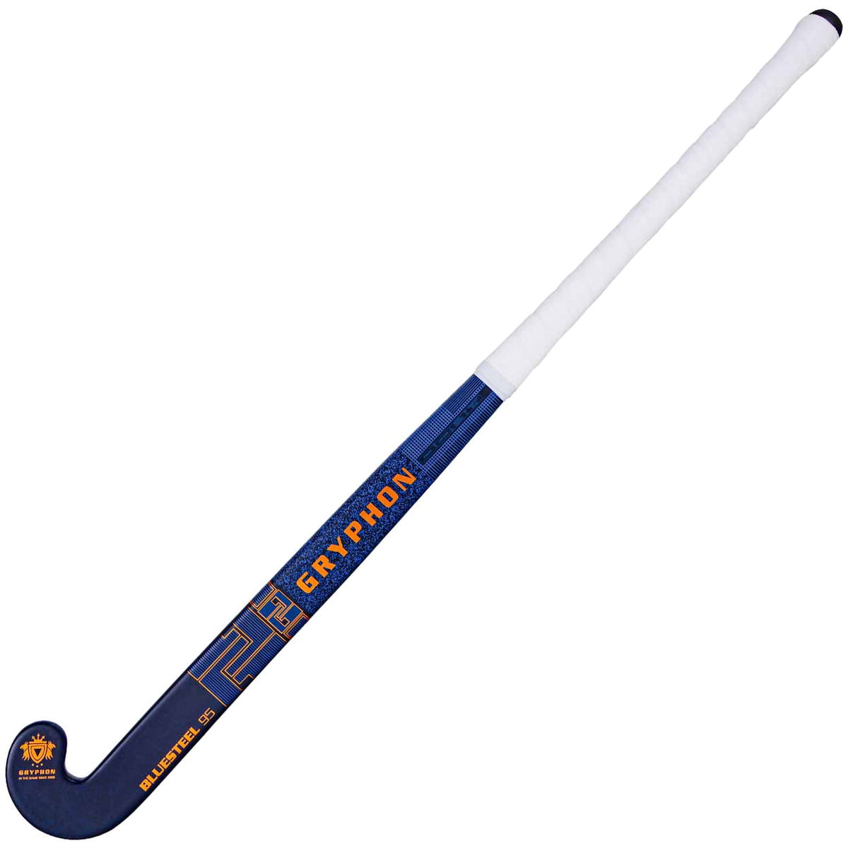 Gryphon Blue Steel D2 navy field hockey stick with white grip and orange detailing