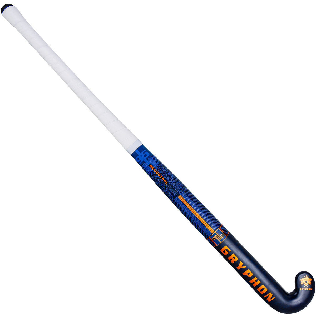 Gryphon Blue Steel D2 navy field hockey stick with white grip and orange detailing