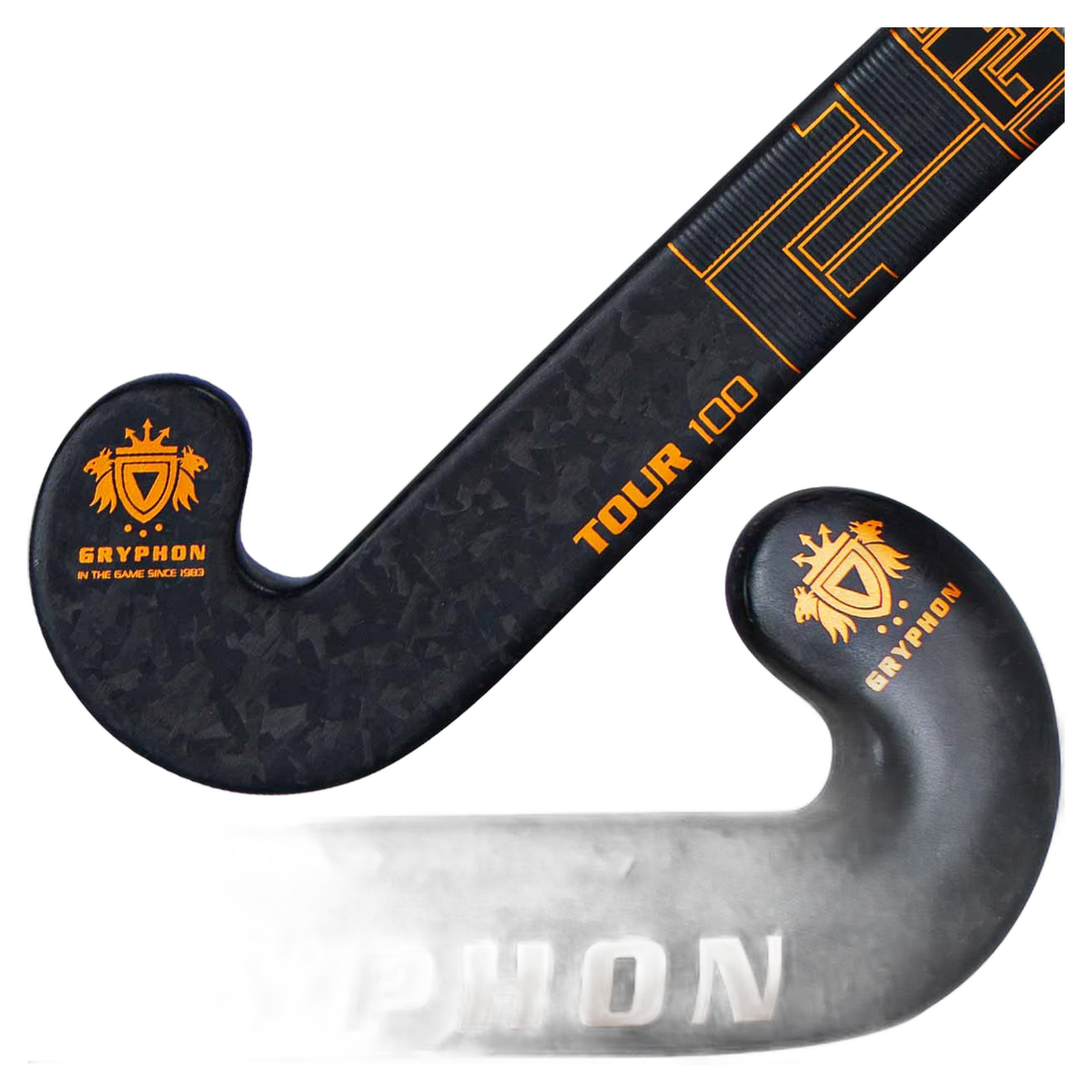 Gryphon Tour Pro25 black composite field hockey stick with carbon texture and orange branding