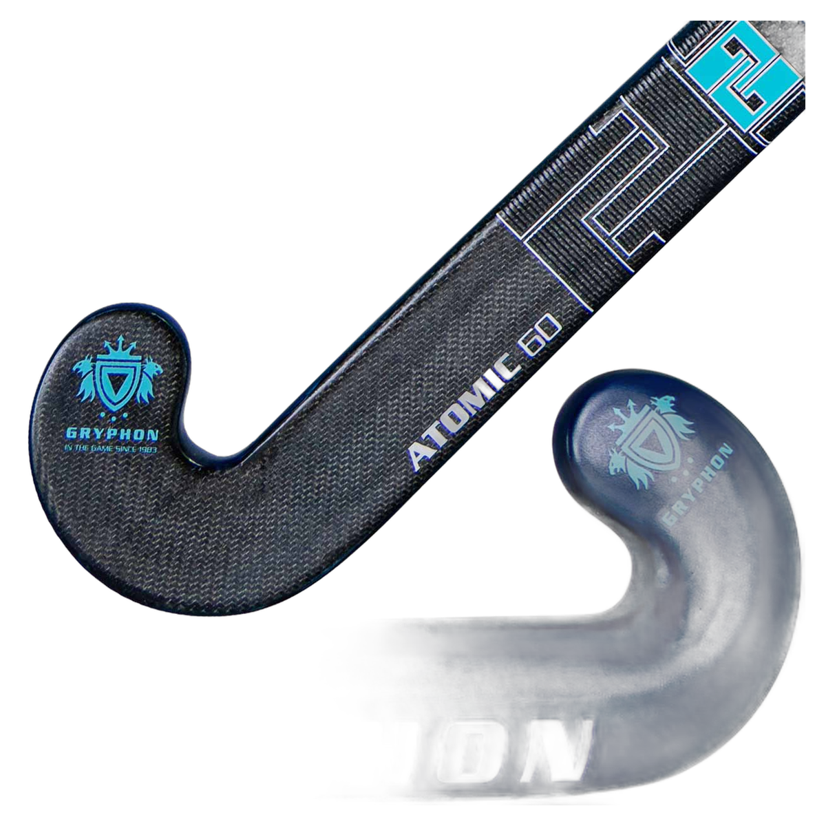 Gryphon Atomic Pro 25 field hockey stick with carbon texture and curved head design