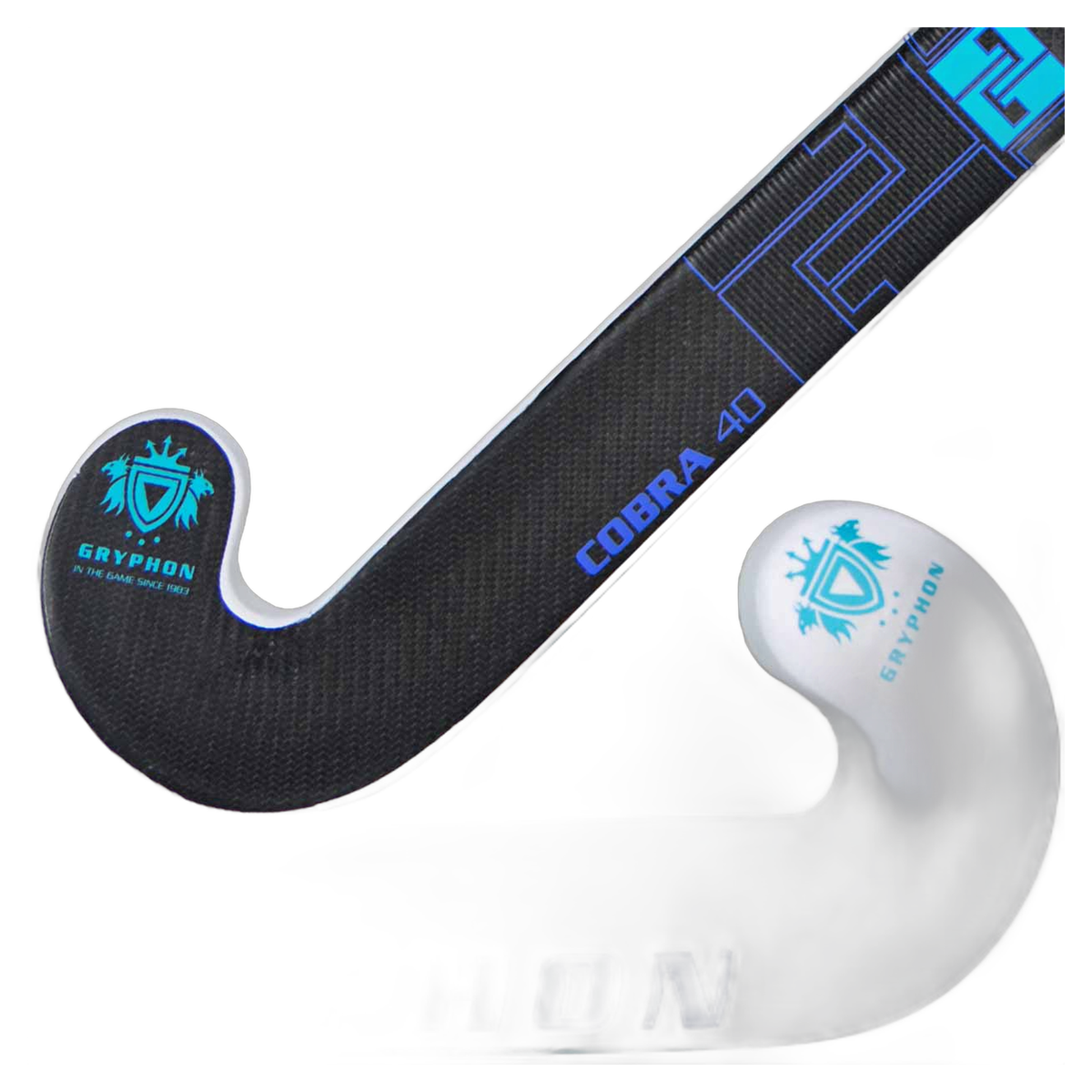 Gryphon Cobra Pro 25 field hockey stick with carbon fiber texture and curved head design