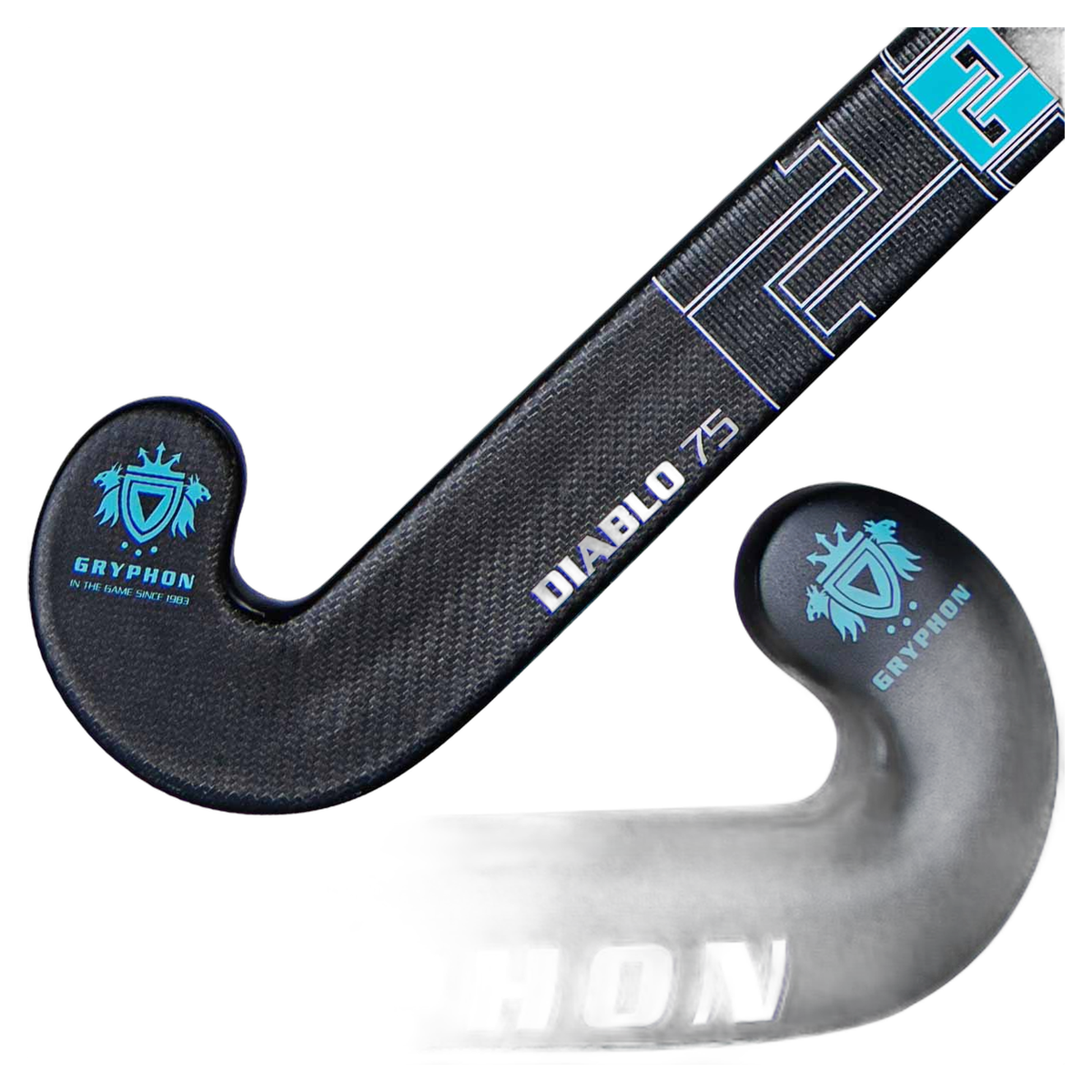 Gryphon Diablo Pro 25 field hockey stick in black with carbon texture and blue detailing