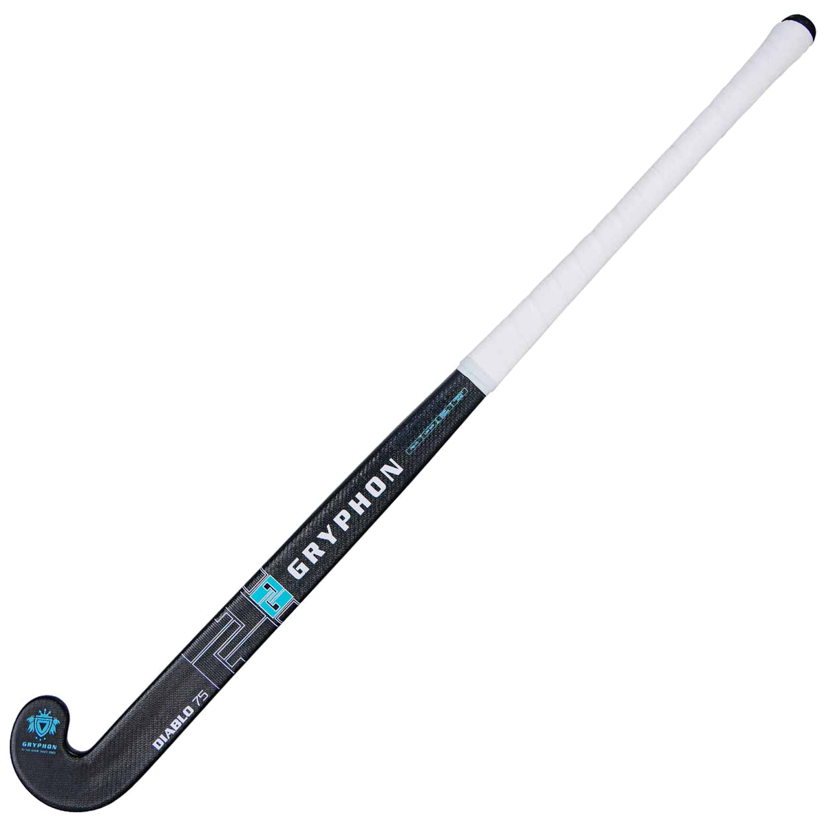 Gryphon Diablo Pro 25 field hockey stick in black with carbon texture and blue detailing