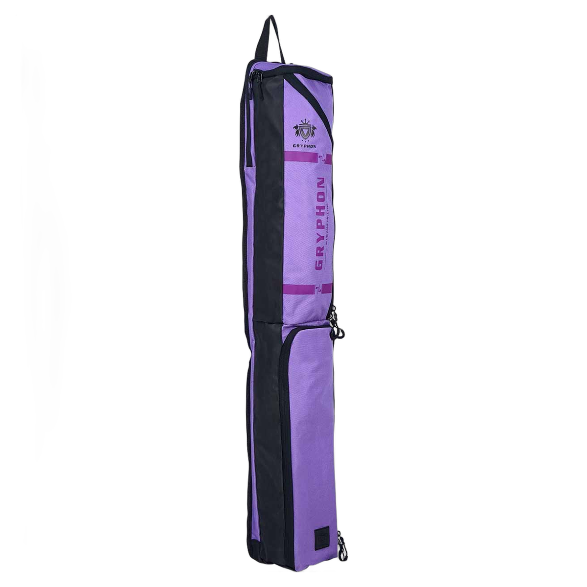 GRYPHON Paulie field hockey stick bag in purple with black trim, shoulder strap, and multiple storage compartments