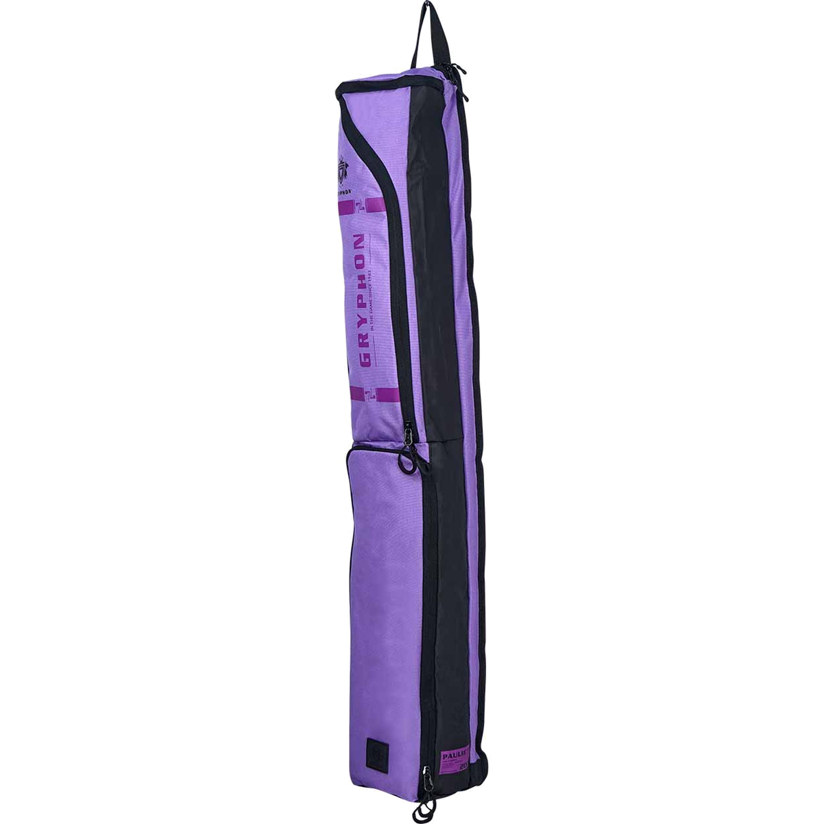 GRYPHON Paulie field hockey stick bag in purple with black trim, shoulder strap, and multiple storage compartments