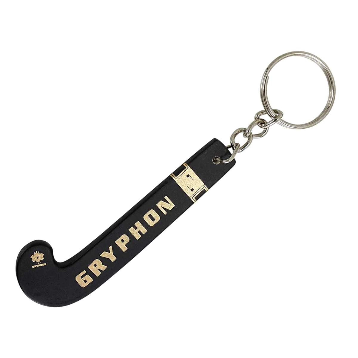 Gryphon mini field hockey stick keychain in black with gold branding and metal key ring