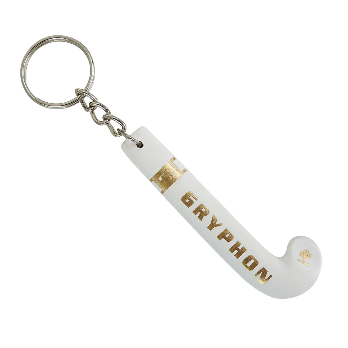 Gryphon mini field hockey stick keychain in black with gold branding and metal key ring