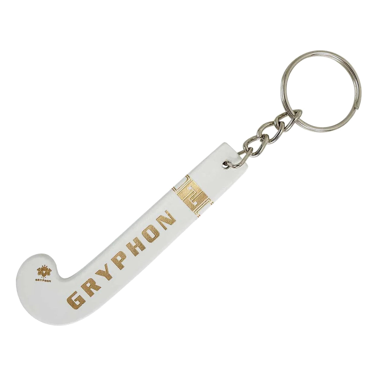 Gryphon mini field hockey stick keychain in black with gold branding and metal key ring