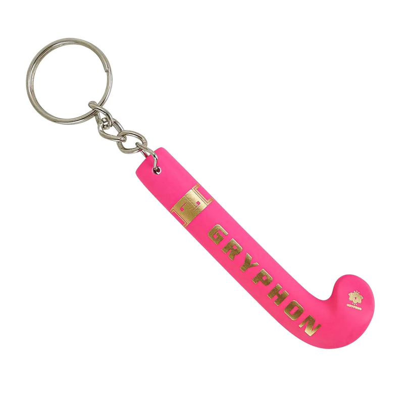 Gryphon mini field hockey stick keychain in black with gold branding and metal key ring