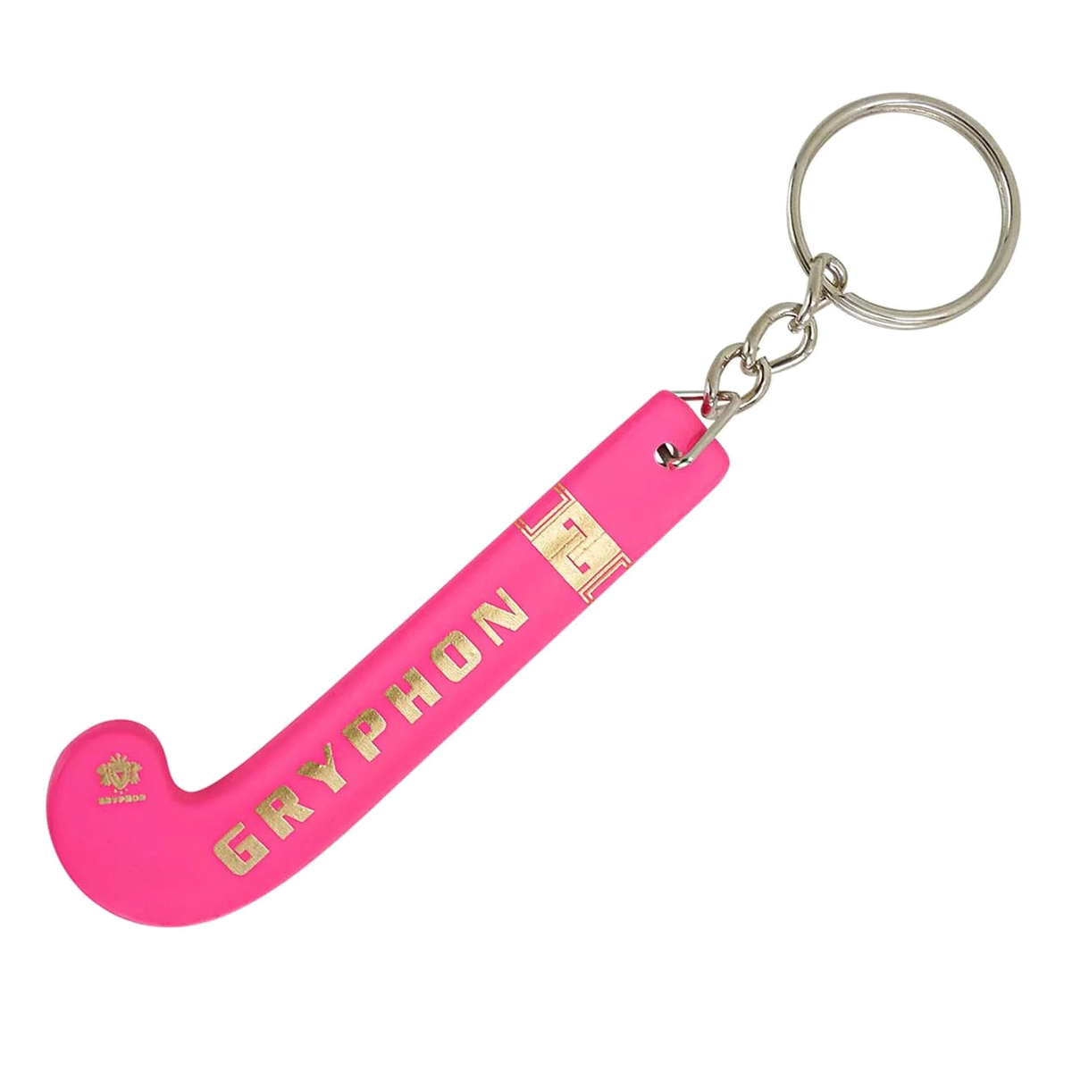 Gryphon mini field hockey stick keychain in black with gold branding and metal key ring