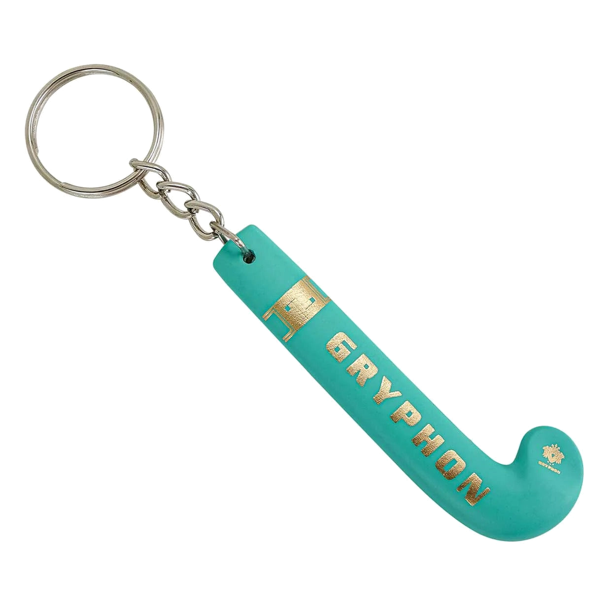 Gryphon mini field hockey stick keychain in black with gold branding and metal key ring