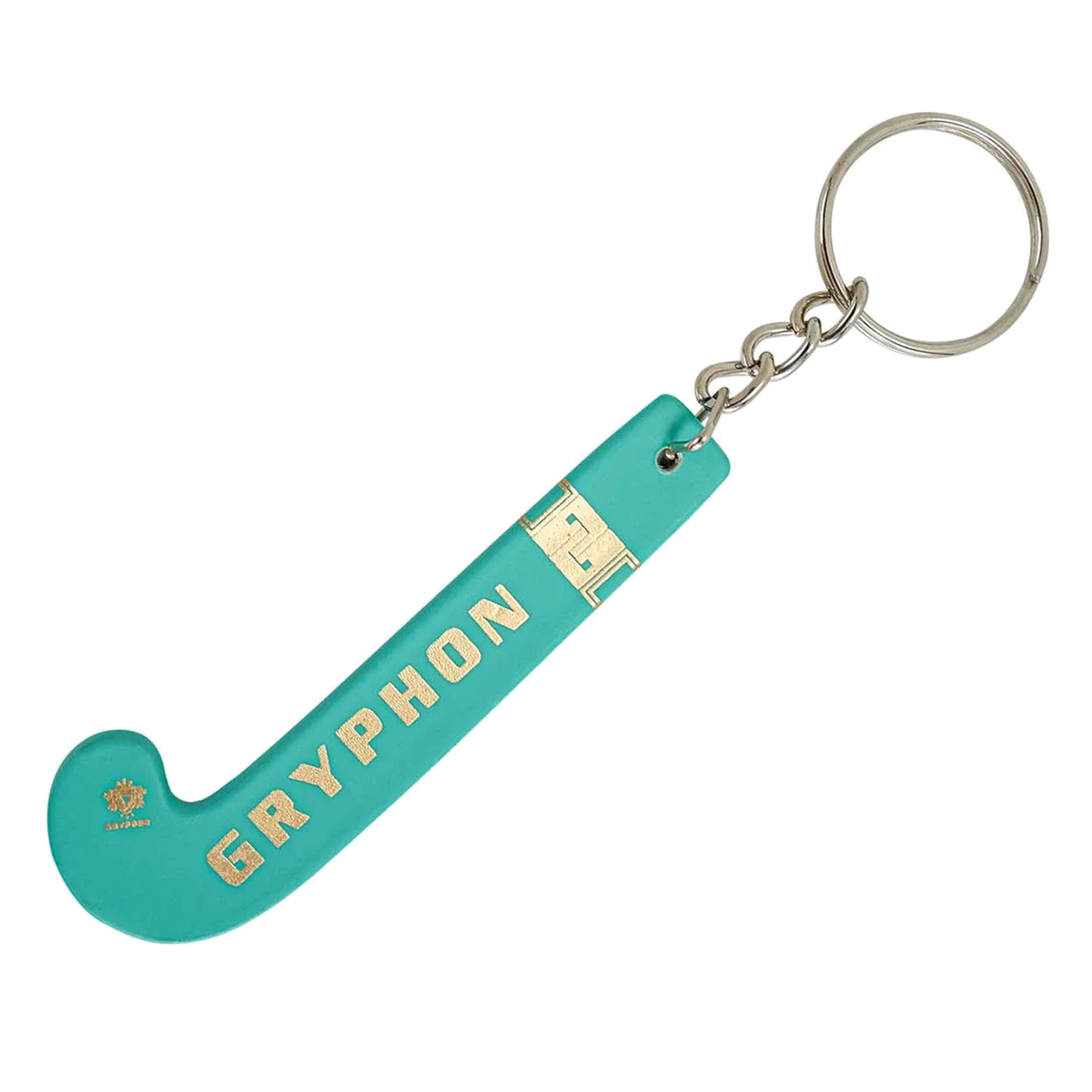 Gryphon mini field hockey stick keychain in black with gold branding and metal key ring