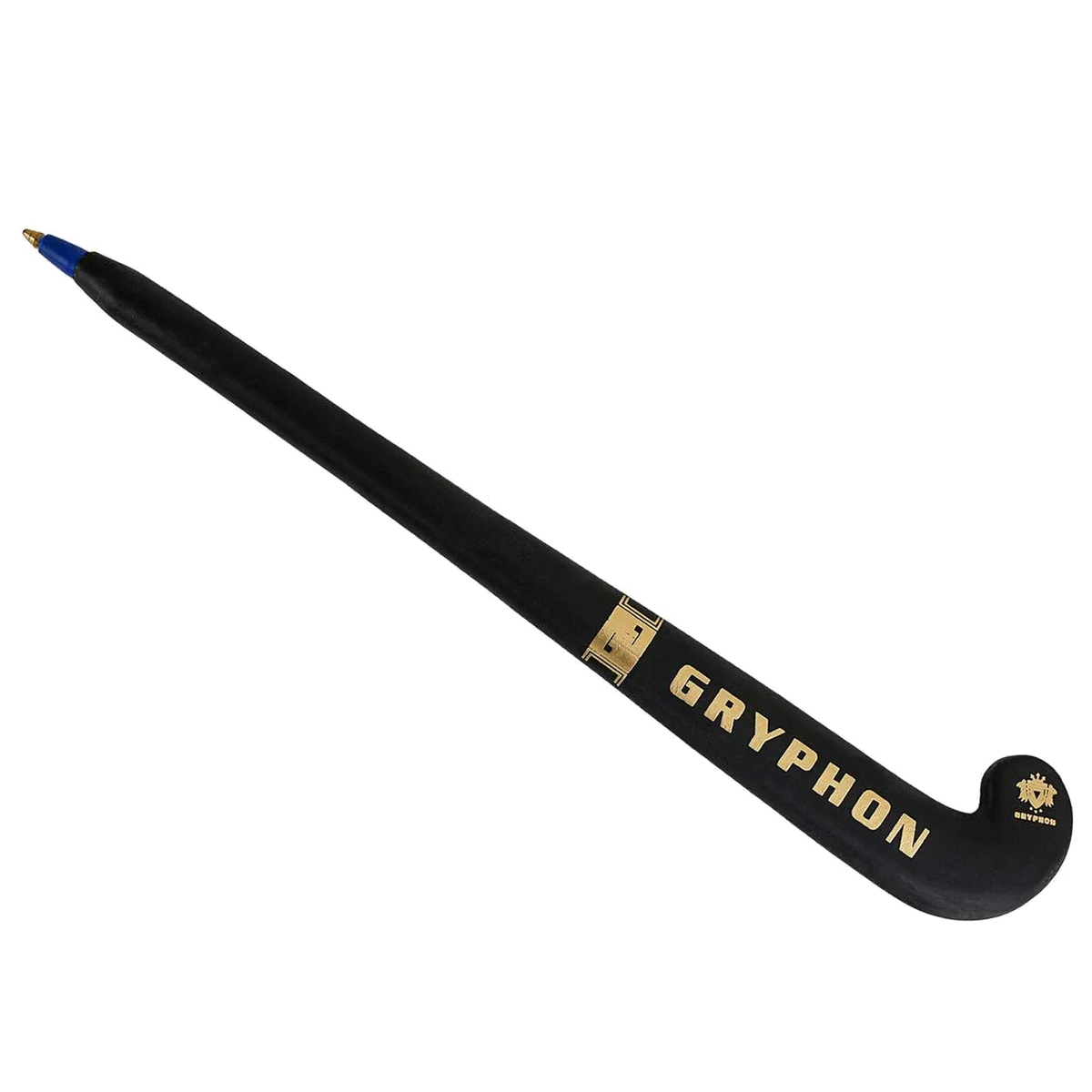 Gryphon mini field hockey stick pen in black with gold logo and white grip handle