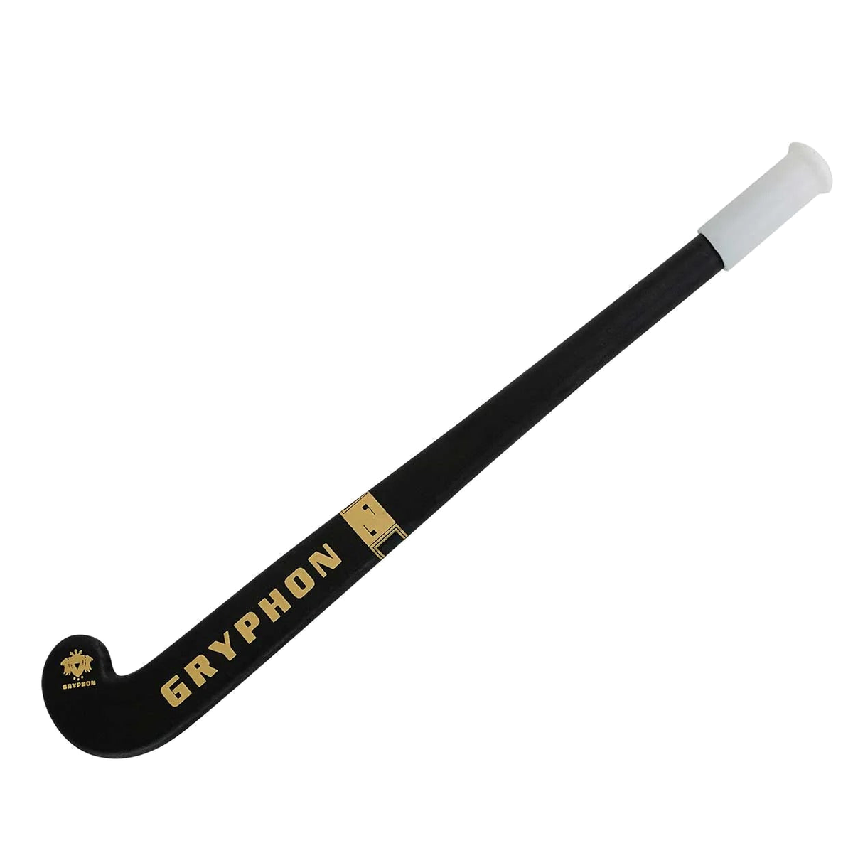 Gryphon mini field hockey stick pen in black with gold logo and white grip handle