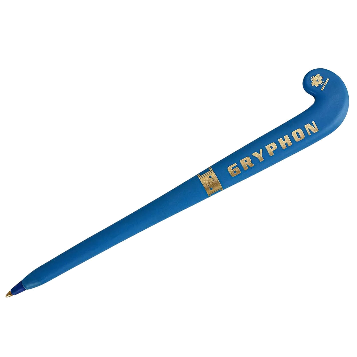 Gryphon mini field hockey stick pen in black with gold logo and white grip handle