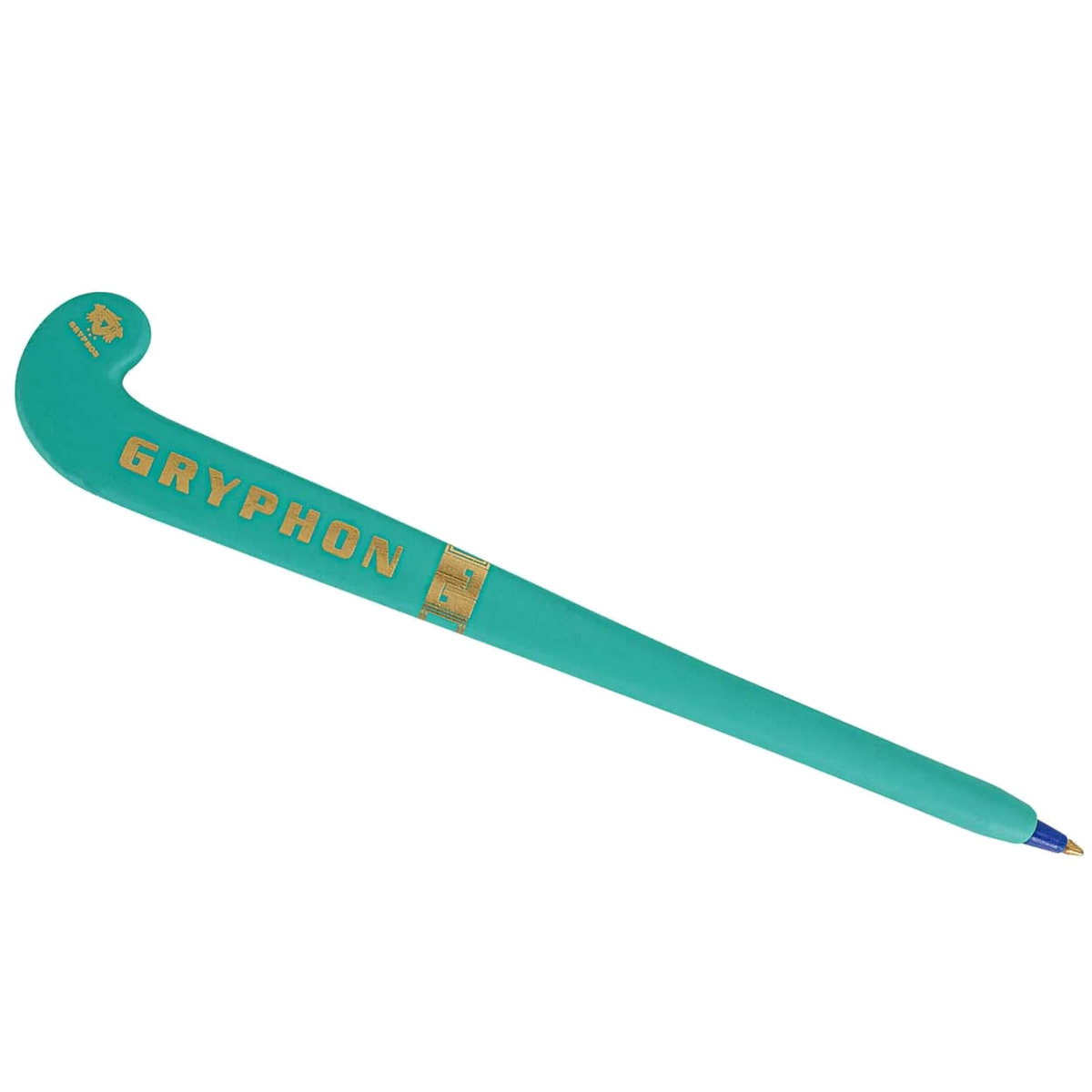 Gryphon mini field hockey stick pen in black with gold logo and white grip handle