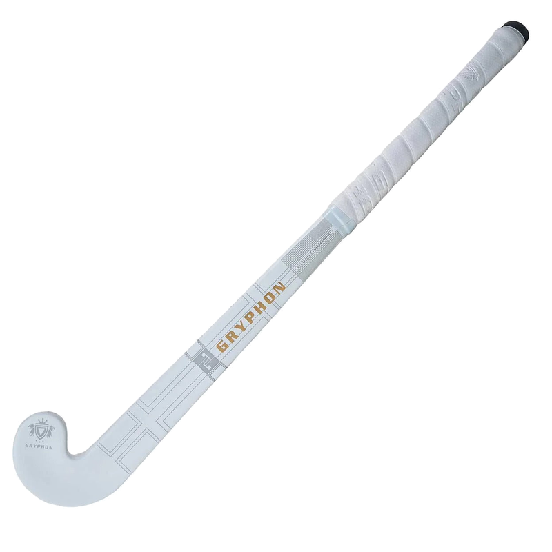 Gryphon 24-inch mini field hockey stick in white with gold branding and white grip handle