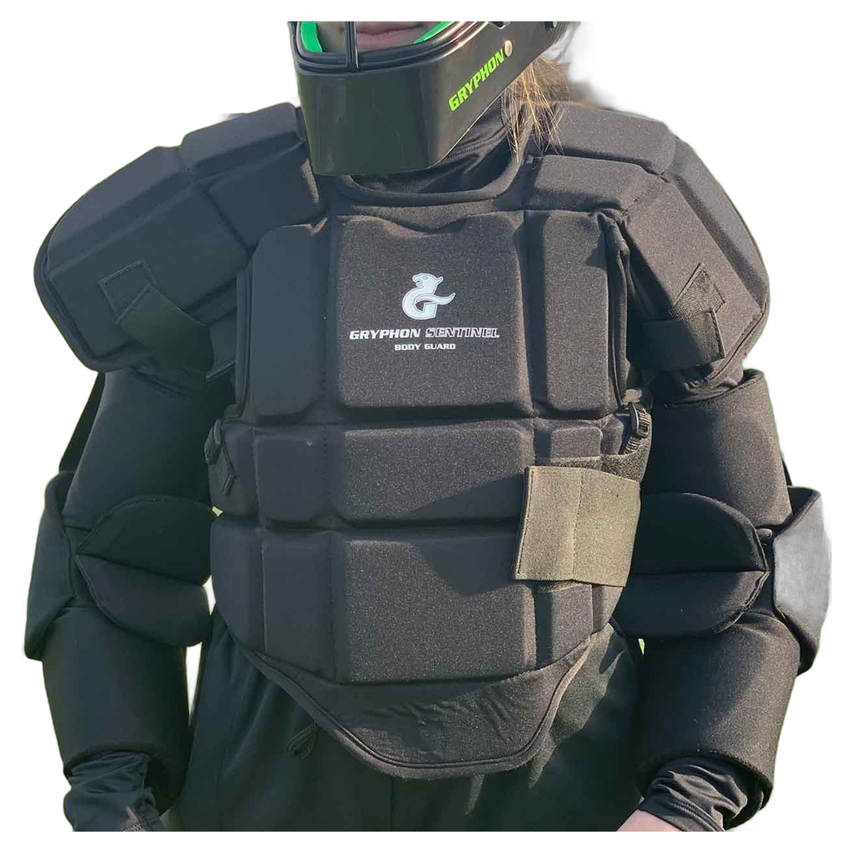 GRYPHON goalkeeping bodyguard providing comprehensive chest, shoulder, and arm protection with high-density segmented padding, adjustable strapping, and a secure ergonomic fit for elite-level performance and impact absorption