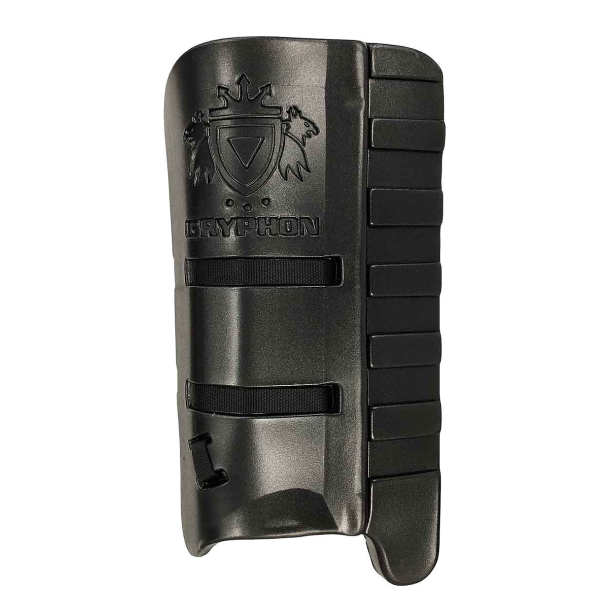 GRYPHON Sentinel field hockey goalkeeper legguards featuring a durable foam construction, ribbed side protection, and adjustable straps for a secure and comfortable fit.
