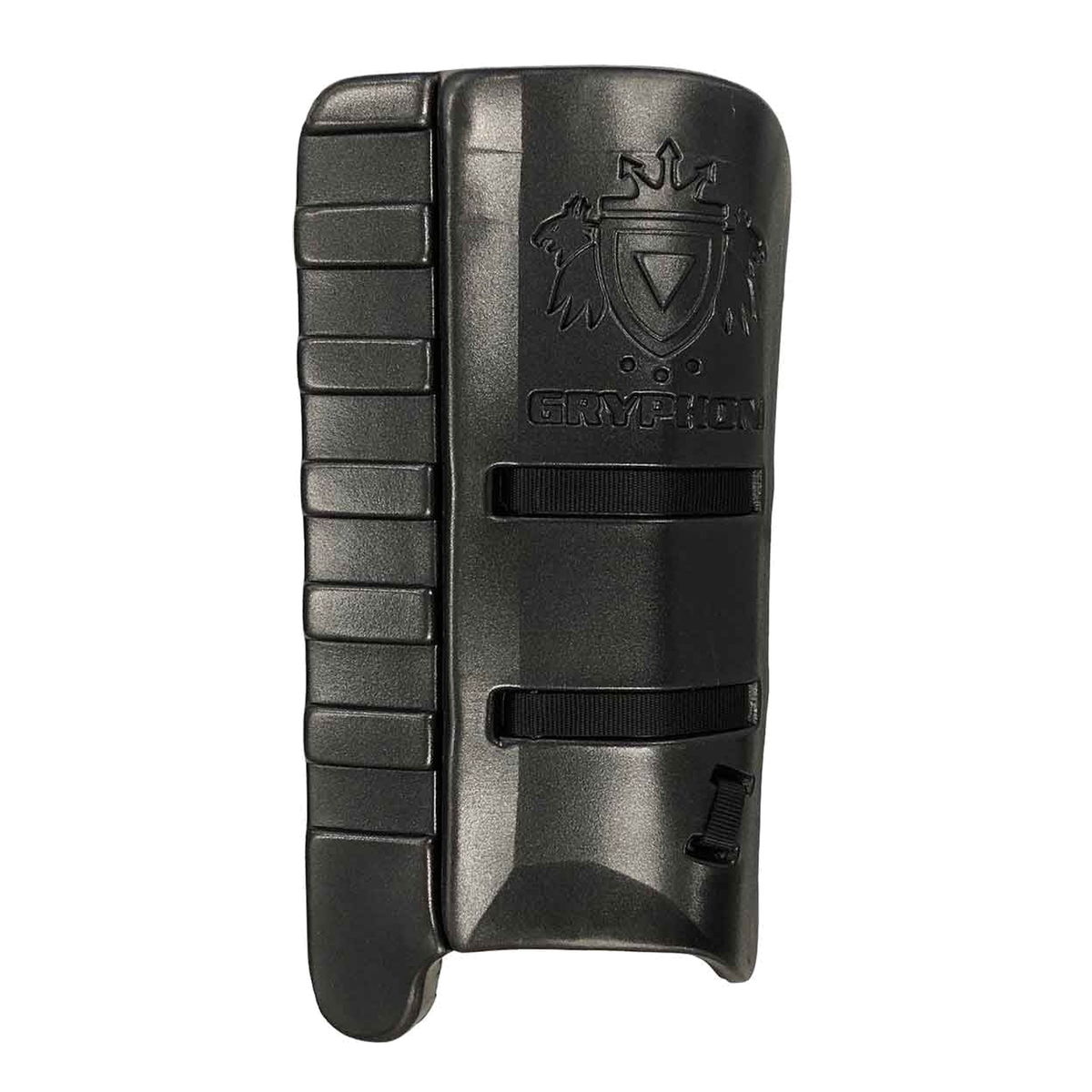 GRYPHON Sentinel field hockey goalkeeper legguards featuring a durable foam construction, ribbed side protection, and adjustable straps for a secure and comfortable fit.