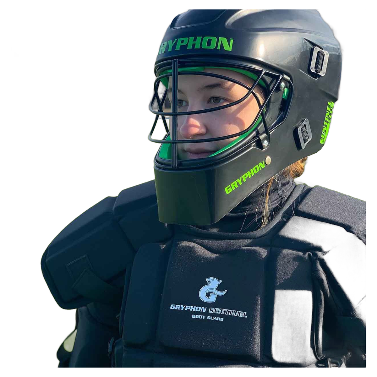GRYPHON Sentinel field hockey goalkeeper helmet featuring a protective outer shell, full face cage, and padded interior for impact protection and comfort.