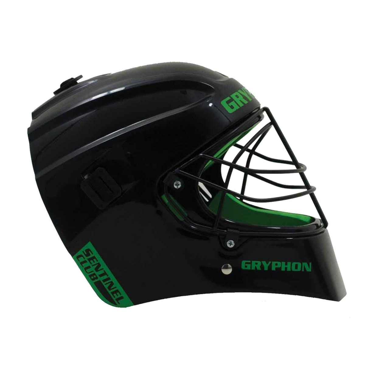 GRYPHON Sentinel field hockey goalkeeper helmet featuring a protective outer shell, full face cage, and padded interior for impact protection and comfort.