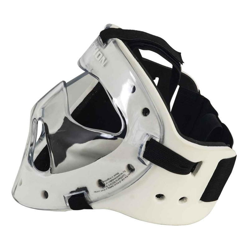 GRYPHON field hockey player face mask with clear shell, metal nose guard, and adjustable straps for protection during play