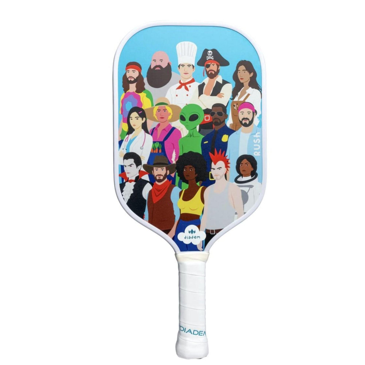 Diadem People of Pickleball paddle featuring illustrated characters in various outfits and professions, shown upright with a wrapped handle.